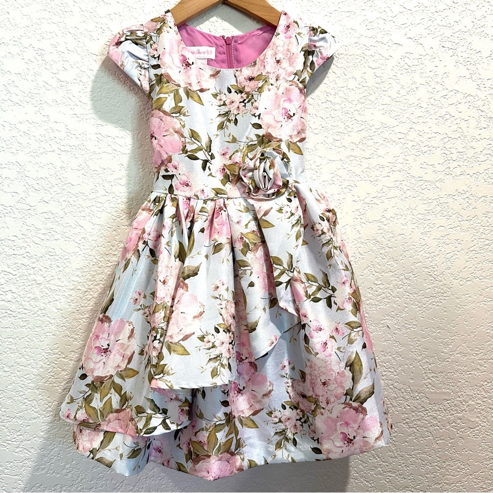 Bonnie Jean‎ Ruffled Pink Lt Blue Floral Layered Party Dress Lined Bright Pink